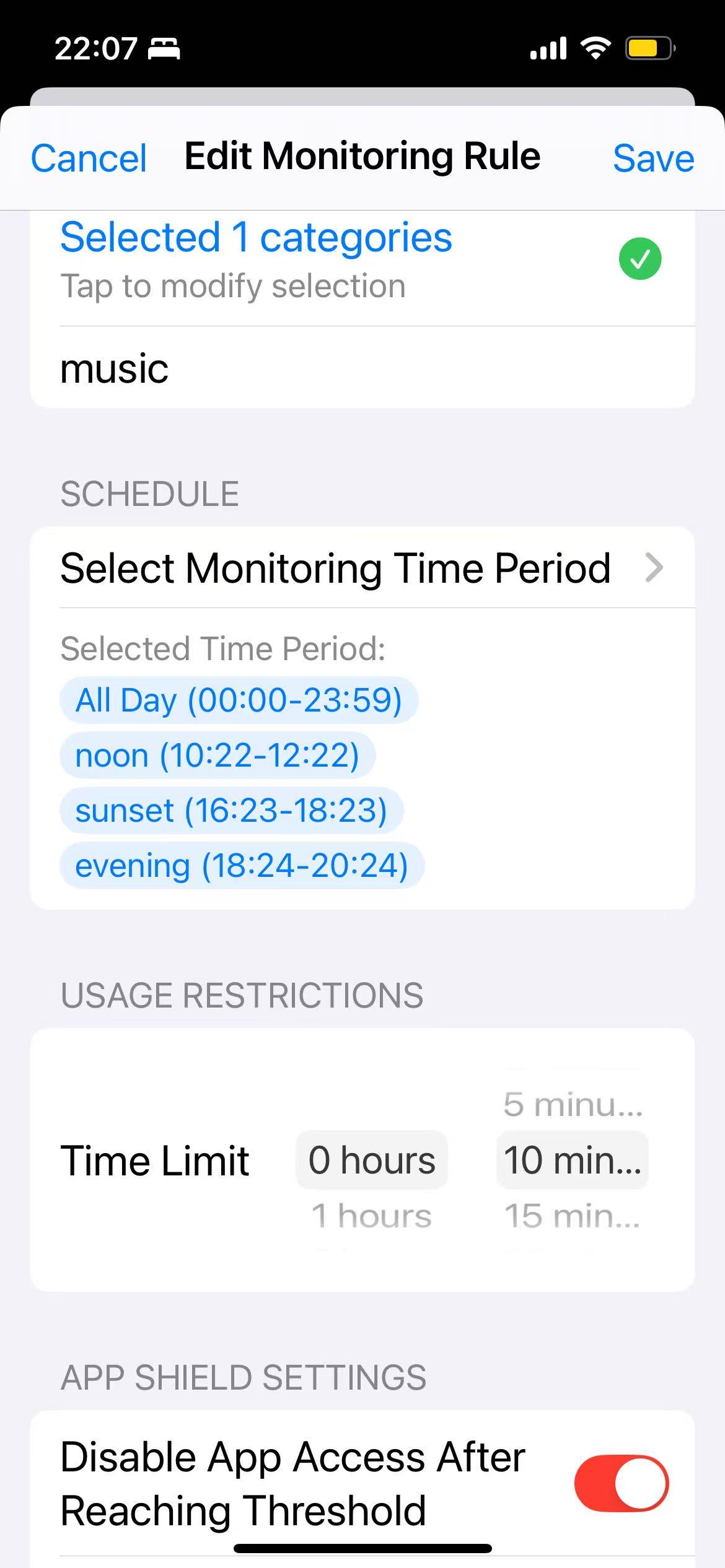 ScreenTimeTrack app interface showing flexible time segment management and app usage limits