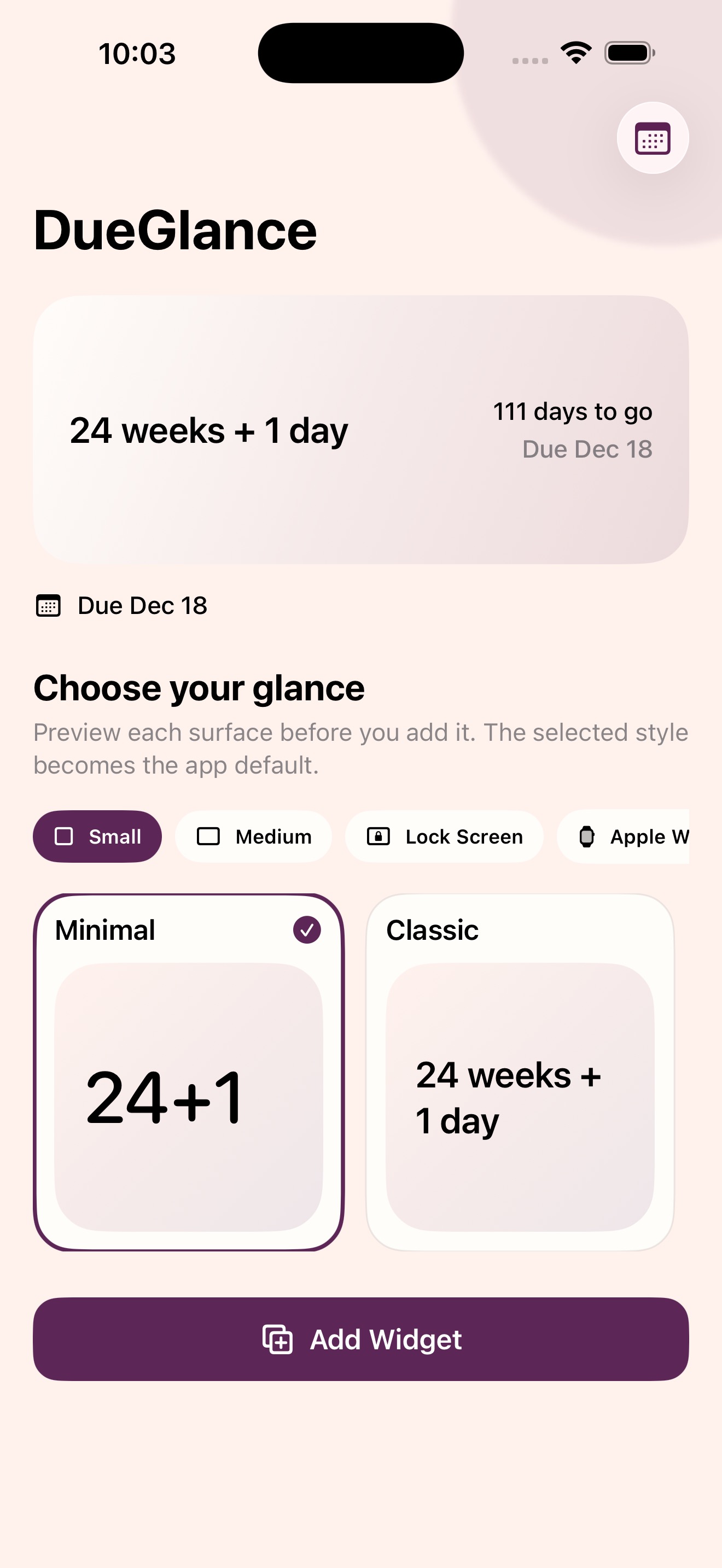 DueGlance iPhone app showing pregnancy week, due date, days remaining, and widget style previews